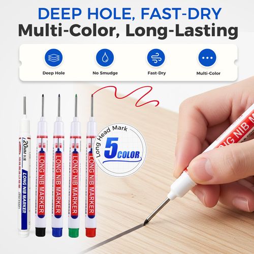 Long Head Deep Hole Marker, Quick Dry & Water-proof Construction Marker, Long Head Mark Pens for Metal, Steel, Tile, Glass, Carpenter Marking Tool for Woodworking (Mix-10PCS)