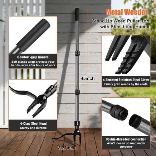 Stand Up Weed Puller Tool with 45″ Long Handle, Manual Weeder Tool,4-Claw Gardening Weeding Tool, Weed Remover Removal Pulling Tool for Garden Lawn Crabgrass Dandelion Grass Root (All-Steel)