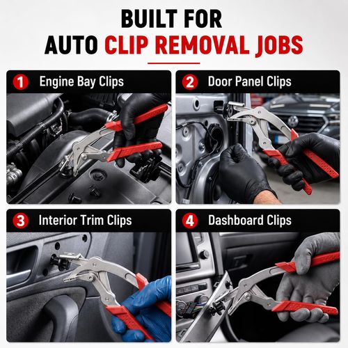 Car Clip Pliers, Panel Clip Removal Tool for Plastic Fasteners, Red, No‑Damage Plastic Fastener & Push Pin Pliers Removal Tool, for Car Trim Removal Tool, Door Panel, Bumper, Fender