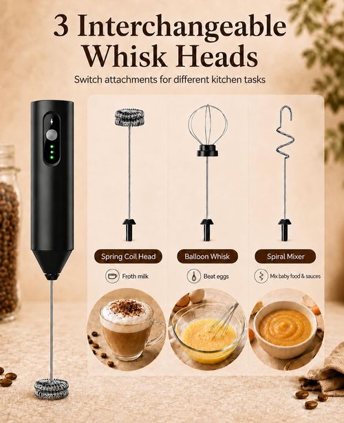 Rechargeable Electric Milk Frother Handheld, Hand Mixer Coffee Frother Wand. Portable Drink Mixer with 3 Speeds, 3 Whisk Heads, Storage Case, Electric Whisk for Matcha Lattes Cappuccino, Kitchen Gifts