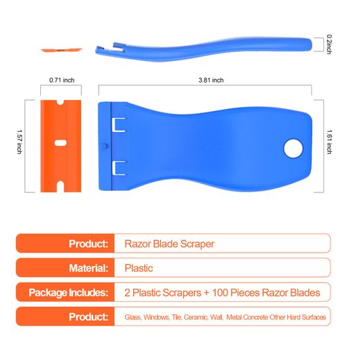 Plastic Razor Blades Scraper Tool - 2 Pack Wall Paint Remover with 100 Pcs Plastic Blades Kit No Scratch Car Window Glass Wood Sticker Removal Floor Stove Kitchen Vinyl Adhesive Decal Tape Cleanings