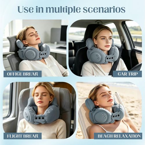 Inflatable Neck Pillow（Includes storage bag）, U-Shaped Travel Pillow with Adjustable Snap Grey