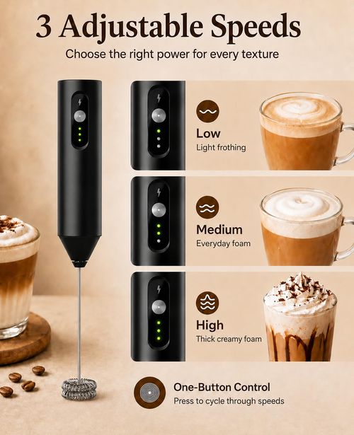 Rechargeable Electric Milk Frother Handheld, Hand Mixer Coffee Frother Wand. Portable Drink Mixer with 3 Speeds, 3 Whisk Heads, Storage Case, Electric Whisk for Matcha Lattes Cappuccino, Kitchen Gifts