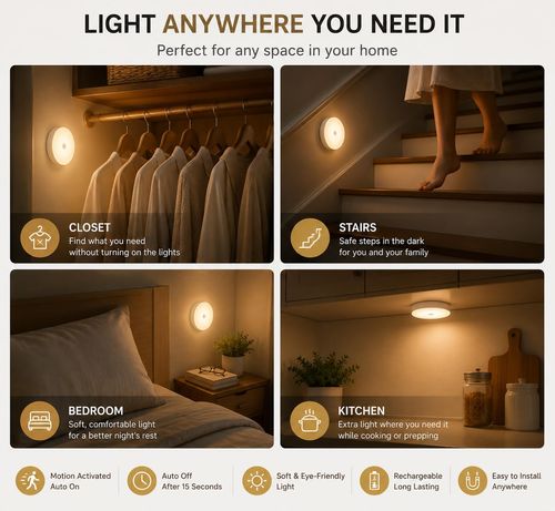 LED Closet Lights Wireless Motion Sensor Puck Light, Newest Version USB Rechargeable Dimmer Step Light with Remote, Night Safe Lighting for Under Cabinet, Counter, Kitchen, Hallway, Stairs
