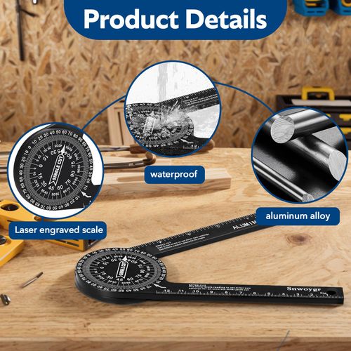 Aluminum Miter Saw Protractor | 7-Inch Rust Proof Angle Finder Featuring Precision Laser Engraved Scales Professional Miter Saw Protractor with Measuring Rulers for Angle Finder Carpentry, Crown Molding Tool & Baseboard building trade men