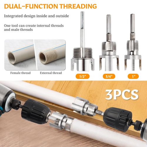 3Pcs PVC Pipe Threader Kit, 1/2, 3/4 and 1 Inch Pipe Thread Cutting Tool, Integrated Internal and External, Pipe Tapping and Threading Tool, Electric Drill Style Dual Function, PVC Cutting Tool