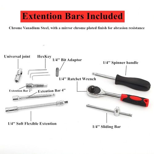 46PCS Socket Ratchet Wrench Set, 1/4 Inch Drive Small Tool Set with Screwdriver Bit Sockets Extension Bar and Storage Case, Metric Socket Set for Car Repair and Home Use