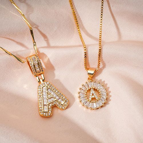 Letter Necklace 14k Gold Plated, Bling Dainty Necklaces Trendy Chunky Custom Name Necklace Personalized Round Circle Pendant Zirconia Letters Name Crystal Jewelry Gifts for Women