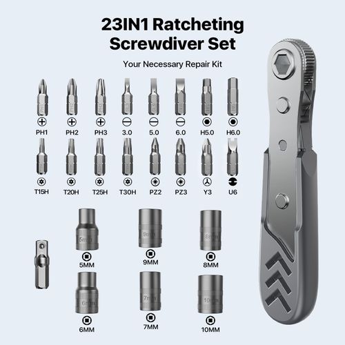 23in1 Right Angle Ratcheting Screwdriver Set, 1/4" Driver Repair Tool, Magnetic Offset Low Profile Ratchet Screw driver, Philips, Flathead, Hex, Torx, T15H, T20H, T25H, T30H, 5-10mm Socket