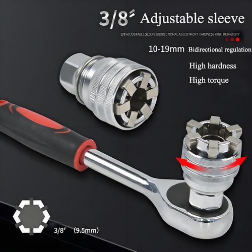 Upgraded Adjustable Universal Socket Wrench, Manual Socket Wrench, Multifunctional Sleeve, 10mm-19mm Universal Sockets Tools for 3/8" Drive Ratchet Torque Wrench and Power Drill