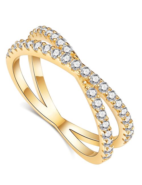 14K Gold Plated X Ring Simulated Diamond CZ Criss Cross Ring
