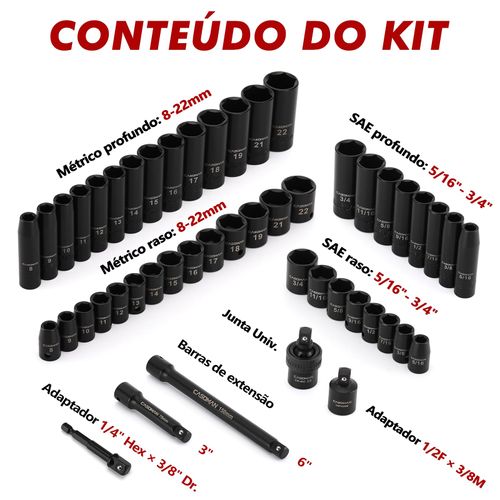 Drive Impact Socket Set, 3/8", 49 Piece Standard SAE and Metric Sizes (5/16-Inch to 3/4-Inch and 8-22 mm), 6 Point, Cr-V Steel Socket Set