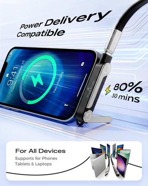 240W Fast Charging USB-C to USB-C Cable with Built-in Phone Stand Soft Silicone Invisible Stand Fast Charging Cord for Gaming, Desk Setup & Hands-Free Viewing