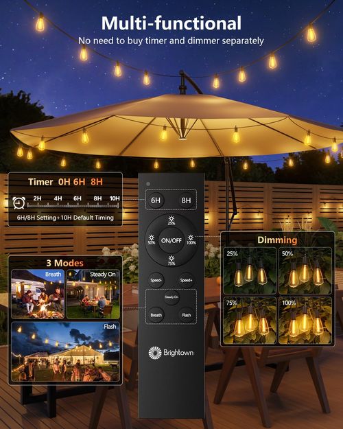 50ft Solar String Lights, LED Outdoor Waterproof, Shatterproof LED Bulbs, Remote-Controlled Adjustable Solar-Powered Decking & Patio Lighting, Light Sensor-Activated, IR Remote Dimmable, Dusk-to-Dawn, Home Decor