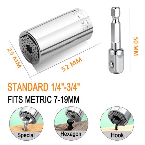 Super Universal Socket Tool, 7-19mm Universal Socket Wrench Set, Gator Grip with Power Drill Adapter Set, Valentine's Day Gift, Ideal Cool Gadgets for Birthday Gifts for Men Dad Husband