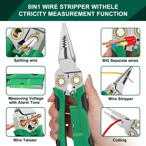 Pro 8-in-1 Wire Stripper/Cutter with Voltage Tester & Dual Alarms - Heavy Duty 12-250V AC/DC Electrical Tester for Hot/Neutral Wires - Electrician, HVAC, Car Repair Tool