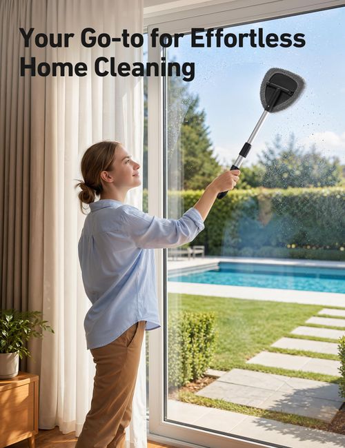 Extra-Long Windshield Cleaner Tool & Car Interior Detailing Kit,Extendable Handle, 4 Reusable Microfiber Pads, Streak & Lint-free, Auto Glass Wiper Brush for Car & Home