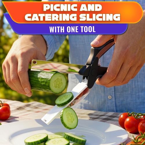 2 in 1 Kitchen Scissors for Food – Stainless Steel 9.5" Tomato Knife Chops Vegetables, Fruit, Cheese, Meat in Seconds | Dishwasher Safe Cutting Board Scissors with Safety Lock – Mess-Free Prep