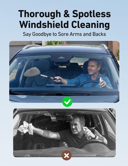 Extra-Long Windshield Cleaner Tool & Car Interior Detailing Kit,Extendable Handle, 4 Reusable Microfiber Pads, Streak & Lint-free, Auto Glass Wiper Brush for Car & Home