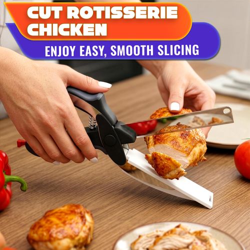 2 in 1 Kitchen Scissors for Food – Stainless Steel 9.5" Tomato Knife Chops Vegetables, Fruit, Cheese, Meat in Seconds | Dishwasher Safe Cutting Board Scissors with Safety Lock – Mess-Free Prep