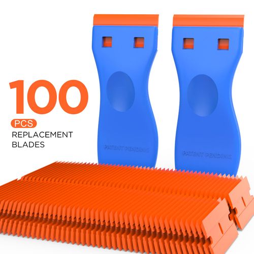 Plastic Razor Blades Scraper Tool - 2 Pack Wall Paint Remover with 100 Pcs Plastic Blades Kit No Scratch Car Window Glass Wood Sticker Removal Floor Stove Kitchen Vinyl Adhesive Decal Tape Cleanings