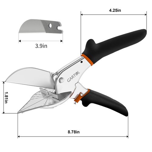Miter Shears, 45-135 Degree Adjustable Angle Scissors, Quarter Round Cutter Tool with Spare SK5 Blades, Trunking Shears for Cutting PVC, Trim and Softwood Moulding