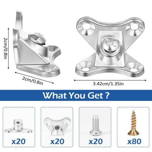 20 Pack L Bracket, Detachable Corner Brace, Heavy Duty Butterfly Metal Brackets with 80 Pcs Screws, Right Angle Support for Wood Furniture Cabinet Shelves Table Chair Bed, Silver
