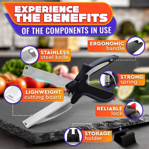 2 in 1 Kitchen Scissors for Food – Stainless Steel 9.5" Tomato Knife Chops Vegetables, Fruit, Cheese, Meat in Seconds | Dishwasher Safe Cutting Board Scissors with Safety Lock – Mess-Free Prep