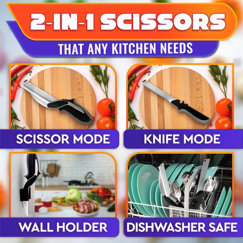 2 in 1 Kitchen Scissors for Food – Stainless Steel 9.5" Tomato Knife Chops Vegetables, Fruit, Cheese, Meat in Seconds | Dishwasher Safe Cutting Board Scissors with Safety Lock – Mess-Free Prep