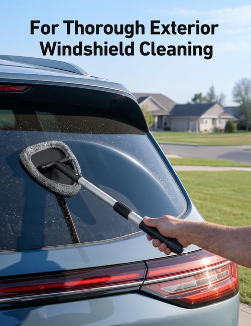 Extra-Long Windshield Cleaner Tool & Car Interior Detailing Kit,Extendable Handle, 4 Reusable Microfiber Pads, Streak & Lint-free, Auto Glass Wiper Brush for Car & Home