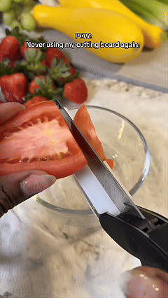 2 in 1 Kitchen Scissors for Food – Stainless Steel 9.5" Tomato Knife Chops Vegetables, Fruit, Cheese, Meat in Seconds | Dishwasher Safe Cutting Board Scissors with Safety Lock – Mess-Free Prep