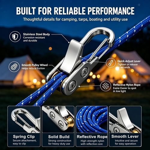 Paracord Adjusters（6-Pack）,Rope Tightening Tool & Tensioner,Rope with Roller Tensioner Heavy-Duty Tie Down for Camping, Tarps, Guy Lines, Boating, Cargo Bundling, & Outdoor Gear