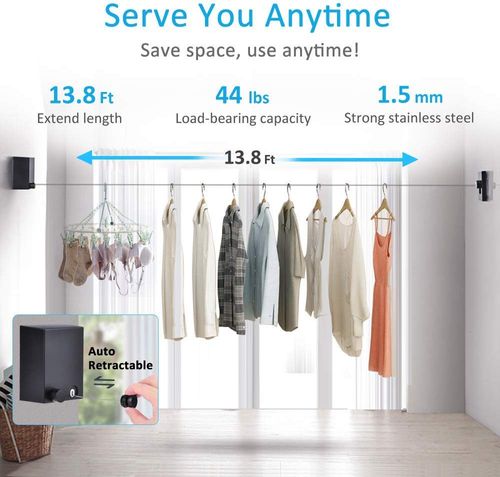 Retractable Clothesline, Adjustable Clothing Rope Indoor Outdoor with ABS Case+ Aluminum, Heavy Duty Stainless Steel Line Wall Mounted Laundry Drying String, Hotel Style 13.8 Feet