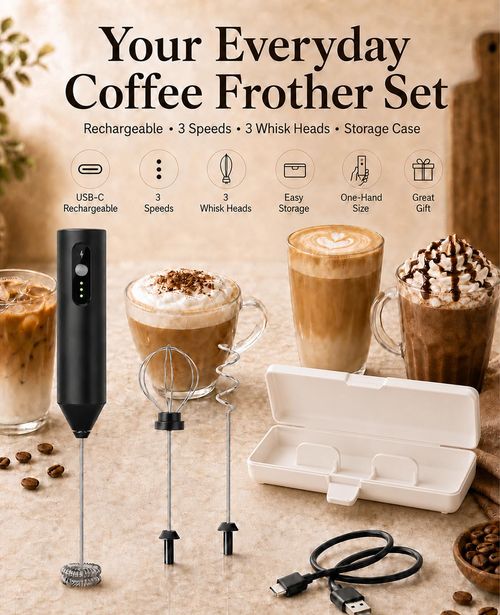 Rechargeable Electric Milk Frother Handheld, Hand Mixer Coffee Frother Wand. Portable Drink Mixer with 3 Speeds, 3 Whisk Heads, Storage Case, Electric Whisk for Matcha Lattes Cappuccino, Kitchen Gifts