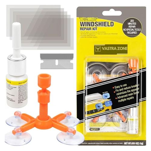 Windshield Repair Kit for quick DIY repair of small chips and cracks. Resin fills damage to improve clarity and reduce visibility. Suitable for bullseye, star, and minor damage. Easy home use