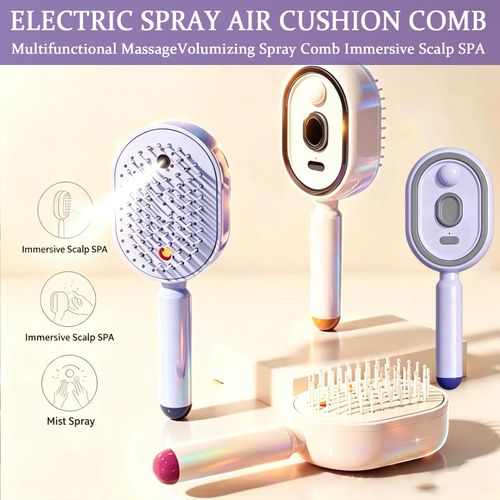 2026 Upgrade Electric Spray Air Cushion Massage Comb, 5-in-1 Self-Cleaning Steam Brush for Hair, Anti-Tangle Gloss Detangling Air Cushion Brush for Dry Frizzy Long Short Women Hair