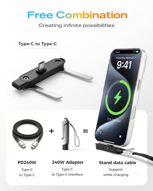 240W Fast Charging USB-C to USB-C Cable with Built-in Phone Stand Soft Silicone Invisible Stand Fast Charging Cord for Gaming, Desk Setup & Hands-Free Viewing