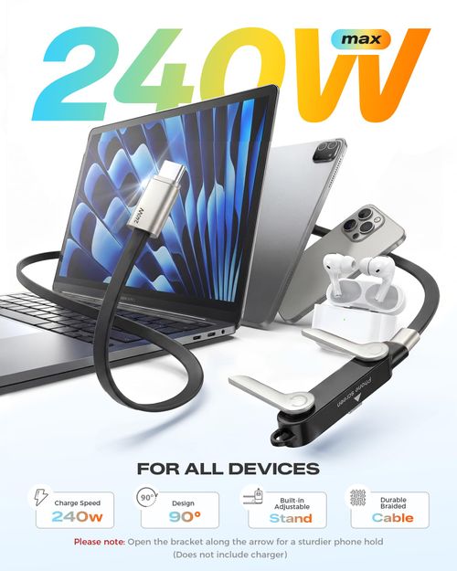 240W Fast Charging USB-C to USB-C Cable with Built-in Phone Stand Soft Silicone Invisible Stand Fast Charging Cord for Gaming, Desk Setup & Hands-Free Viewing