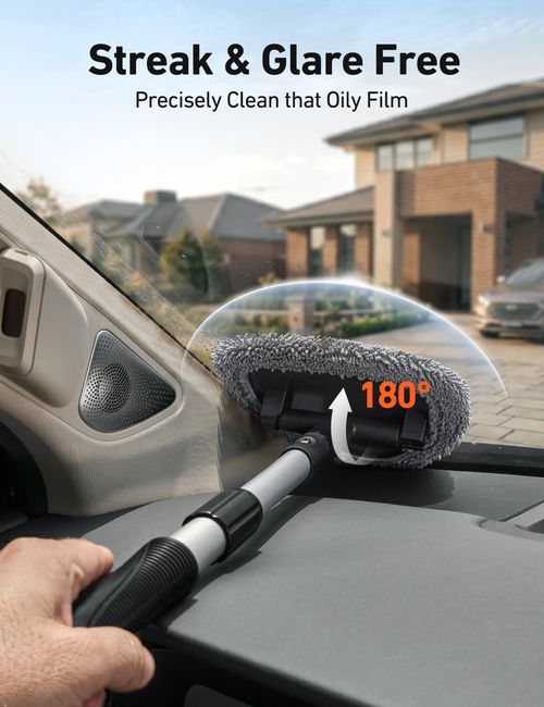 Extra-Long Windshield Cleaner Tool & Car Interior Detailing Kit,Extendable Handle, 4 Reusable Microfiber Pads, Streak & Lint-free, Auto Glass Wiper Brush for Car & Home
