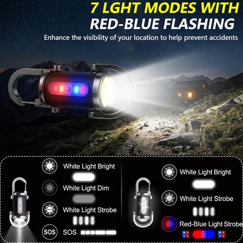 Rechargeable Keychain Flashlight, 800 Lumens 7 Light Modes | Waterproof EDC mini flashlight & COB work light with red-blue strobe. Bright light for hiking, searching and camping.