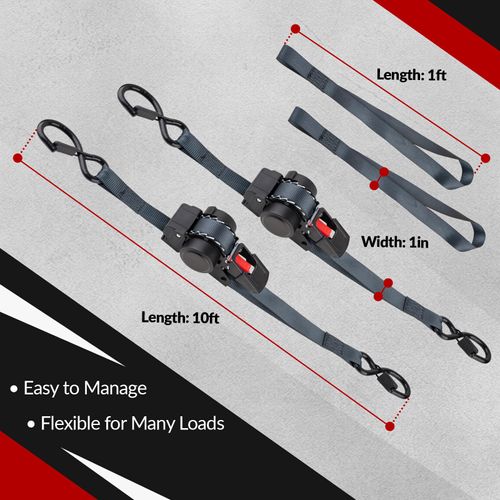 Retractable Ratchet Straps with One-Hand Safe Release for Home Use, 2PCS 1 Inch x 10 FT Ratcheting Straps with Auto Rewind, 1200 lb Break Strength, No Loose Ends for Motorcycle, Cargo, Truck