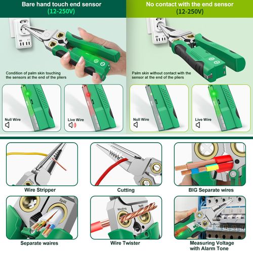 Pro 8-in-1 Wire Stripper/Cutter with Voltage Tester & Dual Alarms - Heavy Duty 12-250V AC/DC Electrical Tester for Hot/Neutral Wires - Electrician, HVAC, Car Repair Tool