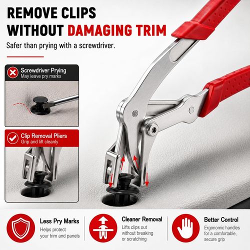 Car Clip Pliers, Panel Clip Removal Tool for Plastic Fasteners, Red, No‑Damage Plastic Fastener & Push Pin Pliers Removal Tool, for Car Trim Removal Tool, Door Panel, Bumper, Fender