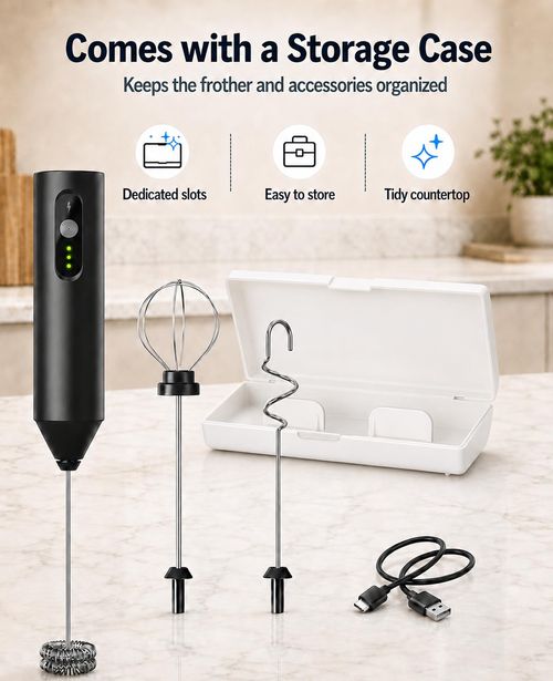 Rechargeable Electric Milk Frother Handheld, Hand Mixer Coffee Frother Wand. Portable Drink Mixer with 3 Speeds, 3 Whisk Heads, Storage Case, Electric Whisk for Matcha Lattes Cappuccino, Kitchen Gifts