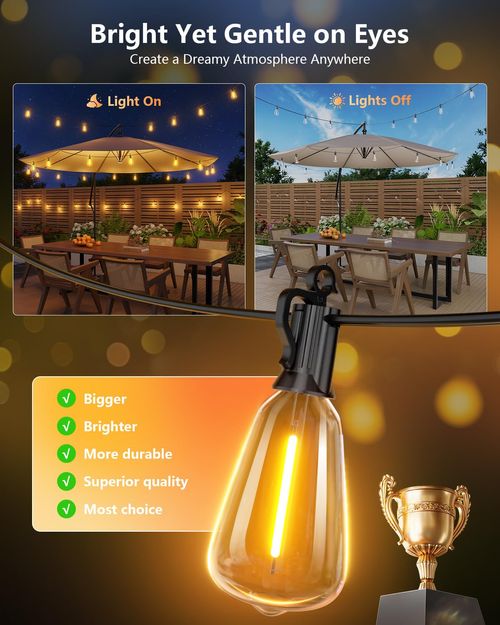 50ft Solar String Lights, LED Outdoor Waterproof, Shatterproof LED Bulbs, Remote-Controlled Adjustable Solar-Powered Decking & Patio Lighting, Light Sensor-Activated, IR Remote Dimmable, Dusk-to-Dawn, Home Decor
