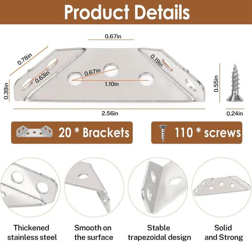 Furniture Corner Connector - 20PCS Universal Stainless Steel L Brackets with a total of 110 screws for Wood,Hardware Metal Angle Bracket Corner Braces,L Bracket for Shelves,Table,Cabinet,Drawer,Corner Brackets for Wood