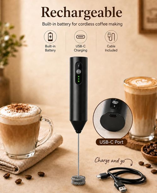 Rechargeable Electric Milk Frother Handheld, Hand Mixer Coffee Frother Wand. Portable Drink Mixer with 3 Speeds, 3 Whisk Heads, Storage Case, Electric Whisk for Matcha Lattes Cappuccino, Kitchen Gifts