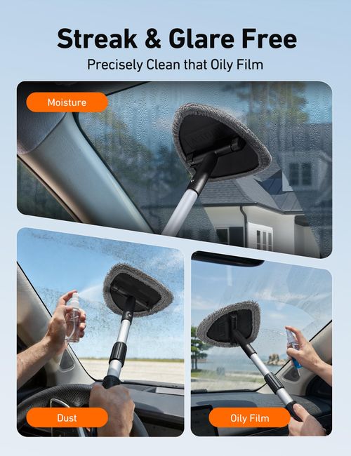 Extra-Long Windshield Cleaner Tool & Car Interior Detailing Kit,Extendable Handle, 4 Reusable Microfiber Pads, Streak & Lint-free, Auto Glass Wiper Brush for Car & Home
