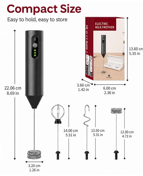 Rechargeable Electric Milk Frother Handheld, Hand Mixer Coffee Frother Wand. Portable Drink Mixer with 3 Speeds, 3 Whisk Heads, Storage Case, Electric Whisk for Matcha Lattes Cappuccino, Kitchen Gifts