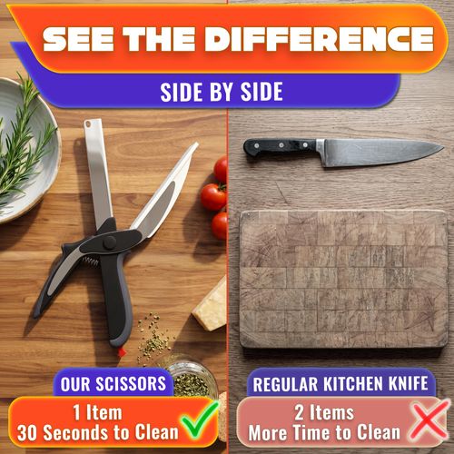 2 in 1 Kitchen Scissors for Food – Stainless Steel 9.5" Tomato Knife Chops Vegetables, Fruit, Cheese, Meat in Seconds | Dishwasher Safe Cutting Board Scissors with Safety Lock – Mess-Free Prep